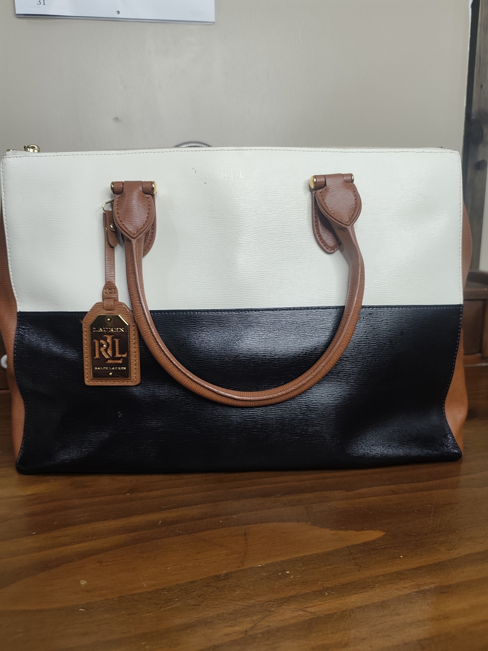 Ralph Lauren Colorblock Leather Tote - Cream, Black & Brown Handles